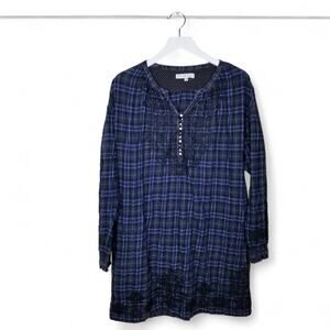 3J Workshop JOHNNY WAS Embroidered Plaid Rough Hem Boho Tunic Shirt - Small